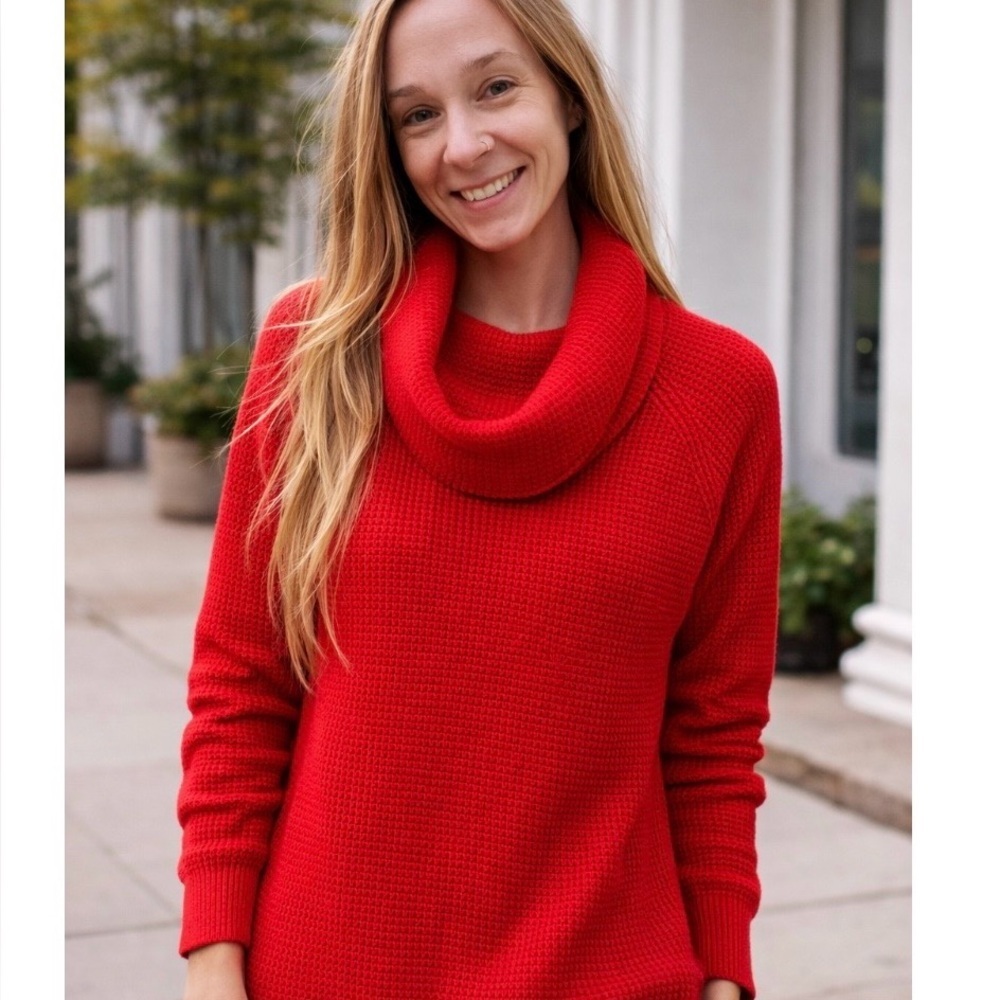 Michael Kors Womens Red Cowl Turtleneck Waffle-Knit Chucky Sweater Size Small